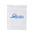 A white cooler lunch bag made of Tyvek, featuring a logo in blue. It has a rectangular shape and zip closure.
