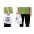 A white Tyvek cooler lunch bag held by a person, featuring a logo and a rectangular design.
