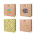 Four brown kraft paper bags with handles, featuring various printed designs and logos in blue and yellow.