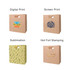 Multiple brown kraft paper bags displayed with various print designs, featuring different colours and a logo on each bag.