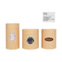 Three small cylindrical paper boxes in kraft brown, featuring various decorative stickers on their surfaces.
