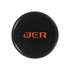 A black lid for a cylindrical container featuring a logo in orange. The lid has a smooth finish.