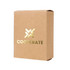 A small square gift box in kraft paper, featuring a gold logo and text on the front.
