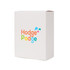 A small square gift box in white, featuring a multi-coloured logo. Dimensions: 100 x 130 x 50mm.