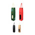 Single bottle wine boxes in green, red, black, and brown, featuring a rope handle and a window for the bottle.