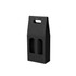 A black portable wine box designed to hold two bottles, featuring a handle and cut-out sections for visibility.