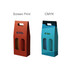 A double bottle portable wine box in orange and blue, featuring cut-out windows and handle openings. It has logos on each side.