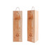 A wooden wine box featuring a natural wood finish, with a rope handle and branding on the front.