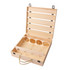 A wooden wine box in light timber, featuring four compartments and a sturdy rope handle. It has a hinged lid and metal closures.