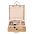 A wooden box featuring four circular compartments and one wine bottle, finished in natural wood tones.
