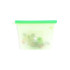 A silicone reusable storage pouch in clear with a green zip closure, featuring a branding logo.