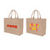Natural jute tote bag in beige, featuring a logo on one side and bold, colourful text on the other.