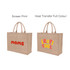 A natural jute tote bag in light brown with two distinct printed designs and dual handles. It features a logo.