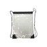 A clear PVC drawstring bag with black accents and adjustable straps. Features a simple design and a logo.