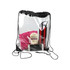 A clear PVC drawstring bag containing a drink bottle, towel, phone, and skincare product, with black accents.