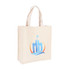 A cream-coloured cotton tote bag with a logo featuring a stylised building and wave design.