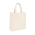 A beige cotton tote bag with two handles and a plain design. It has a logo on one side.
