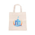A cream-coloured cotton tote bag featuring a blue and orange logo. It has two sturdy handles for carrying.