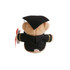 A plush toy bear wearing a black graduation gown and cap, with a red ribbon attached.