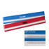 A red and blue dual scale magnifying ruler with a logo, featuring clear measurement markings.