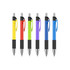 A set of six plastic pens with colour barrels in yellow, red, green, purple, and blue, featuring black grips and clips.