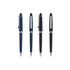 A collection of four plastic pens in dark blue and black, featuring a silver clip and accents. Each pen has a sleek design and a logo.
