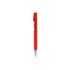 A red pen with a silver clip, featuring a sleek design and a polished finish. It has a logo on the barrel.