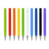 A collection of ten pens in red, orange, yellow, green, white, blue, and black, featuring a sleek design and silver tips.
