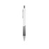 A plastic pen with a creamy white barrel and black accents, featuring a silver tip and clip.