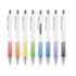 A set of colourful pens with a creamy white barrel and vibrant gradient accents at the bottom. Each pen has a logo.
