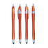 A collection of four orange stylus pens with silver accents, featuring both retractable and capped designs.
