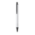 A silver pen with a black tip and clip, featuring a sleek and minimalist design. It has a branding logo.