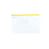 A transparent A4 file bag with a yellow zipper. It has an enclosed pocket and features a logo.