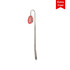 A metal bookmark with a circular top design, featuring a logo and a shiny silver finish.