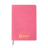 A5 PU cover notebook in pink with a logo on the front and a silver ribbon bookmark.