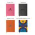 A pink and a dark grey notebook with elastic closures and various printed designs on the covers.