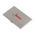 A stainless steel business card holder with a red logo, featuring a sleek and polished finish.