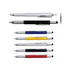 A collection of multi-function metal pens in silver, black, blue, yellow, and red, featuring various writing tools and a logo.