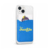 A blue wallet attached to a smartphone, featuring a cutout for cards and a logo design.