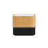 A bamboo Bluetooth wireless speaker with a black base and control buttons at the front. The top features a textured surface.