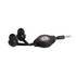 A pair of retractable black earbuds with a coiled cable and a 3.5mm jack, featuring a circular logo.