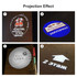 A projection light showcasing various logo and text designs on surfaces, featuring bright colours and sharp imagery.