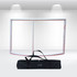 A tabletop tension fabric display frame in white, accompanied by a black carrying bag.