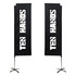 Two large rectangular banners in black with a logo. They are mounted on stands.