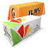 Two fitted tablecloths displayed, one in vibrant orange with a logo and the other in white with a multi-coloured design.