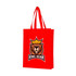 A red non-woven bag with a large gusset and a logo featuring a bear wearing a crown.