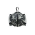 A round grey camouflage backpack with mesh side pockets and a top handle, featuring a zip closure.