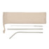 A set of stainless steel straws in a beige pouch, including a straight straw, a bent straw, and a cleaning brush.