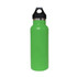 A drink bottle in bright green with a black lid and a stainless steel interior. Includes a logo.