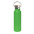 A drink bottle in vibrant green with a bamboo lid and stainless steel accents. It features a carrying handle.